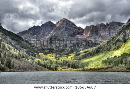 A dark gloomy day at Maroon Bells in Colorado Rocky Mountains