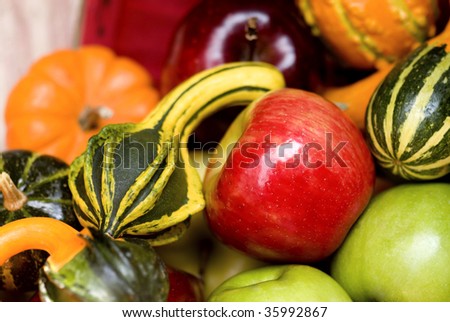 A basket full of colorful fruit and vegetables, very shallow depth of field, colorful