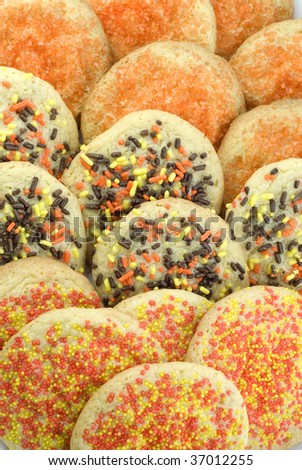 Delicious Homemade sugar cookies decorate with fall colored sprinkles, full frame, vertical