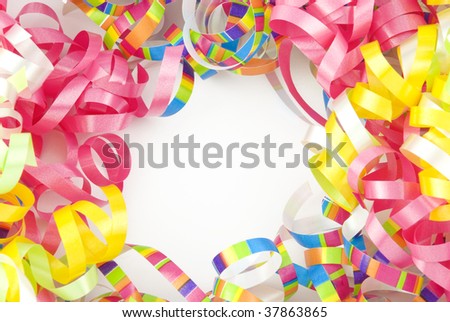 A colorful festive party ribbon border background with white copy space in the center, horizontal