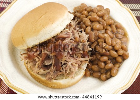 A delicious pull pork barbecue sandwich with a side of baked beans, served on a plate, horizontal with copy space