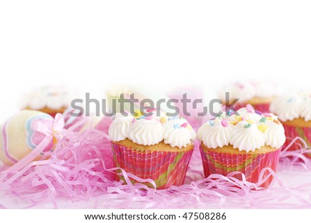Easter Cupcakes with selective focus, horizontal white background with copy space