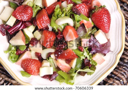 A delicious fruit salad with strawberries, apples, celery and dried cranberries with a spring lettuce mixture topped with raspberry vinaigrette dressing, top view