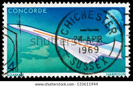UNITED KINGDOM - CIRCA 1969: A used postage stamp printed in Britain celebrating the First Flight of Concorde, circa 1969