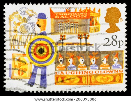 UNITED KINGDOM - CIRCA 1983: A used postage stamp printed in Britain celebrating British Fairs showing Carnival Side Show