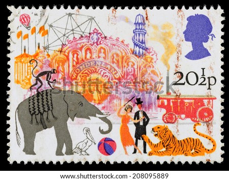 UNITED KINGDOM - CIRCA 1983: A used postage stamp printed in Britain celebrating British Fairs showing Circus and Amusement Rides