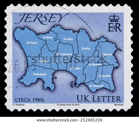 JERSEY, CHANNEL ISLANDS - CIRCA 2010: A Used Postage Stamp showing a Map of the Island of Jersey in the Channel Islands
