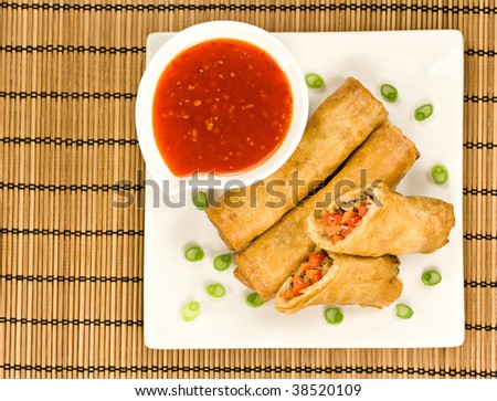 Spring Rolls with Sweet Chilli Dipping Sauce and Garnish