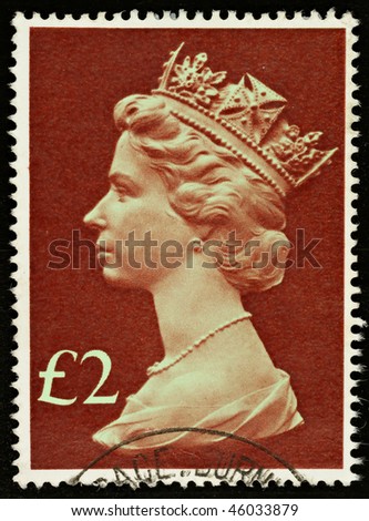 UNITED KINGDOM - CIRCA 1977 to 1984: An English £2 Used Postage Stamp showing Portrait of Queen Elizabeth 2nd, circa 1977 to 1984