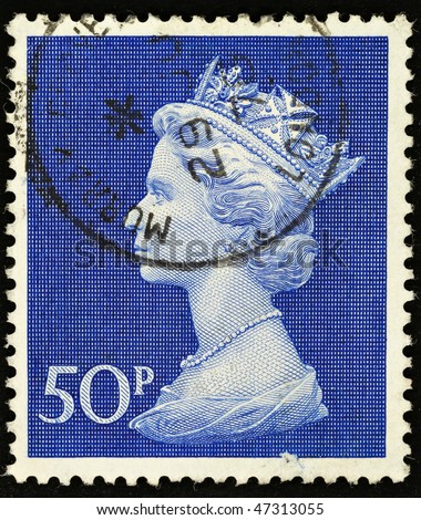 UNITED KINGDOM - CIRCA 1970: An English Fifty Pence Used Postage Stamp showing Portrait of Queen Elizabeth 2nd, circa 1970