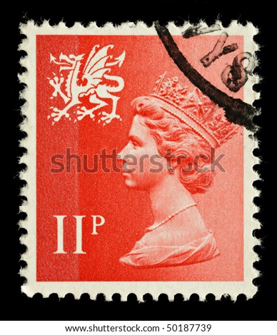 WALES - CIRCA 1971 to 1992: A Welsh Used Postage Stamp showing Portrait of Queen Elizabeth 2nd, circa 1971 to 1992