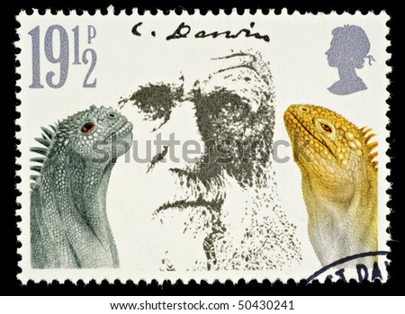 UNITED KINGDOM - CIRCA 1981: A British Used Postage Stamp Showing Charles Darwin and Marine Iguanas, circa 1981