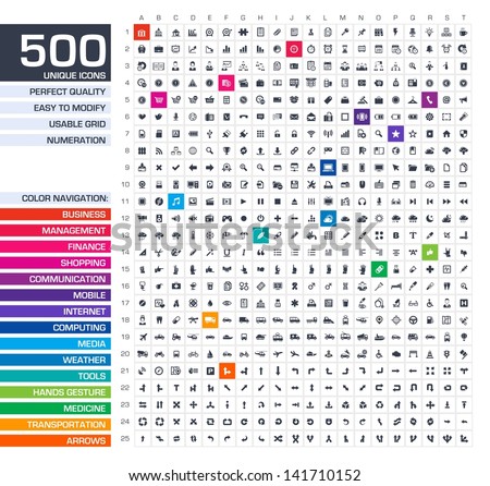 500 Icons Set. Vector Black Pictograms For Web, Internet, Mobile Apps, Interface Design: Business, Finance, Shopping, Communication, Management, Computer, Media, Graphic Tools, Hands, Arrows Symbols