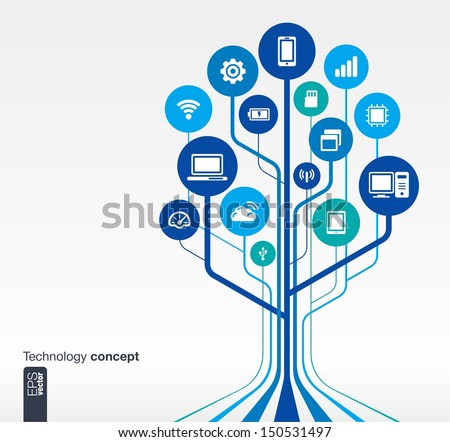 Abstract Technology Background With Lines, Circles And Icons. Growth Tree (Circuit) Concept With Mobile Phone, Technology, Laptop, Cloud Computing, Usb, Pad And Router Icons. Vector Illustration.