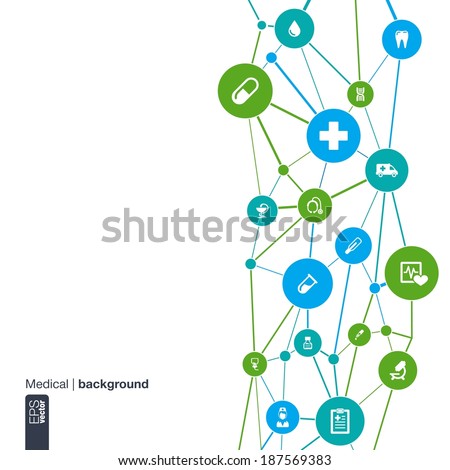 Abstract medicine background with lines, circles and flat icons. Infographic concept with medical, health, healthcare, nurse, DNA, thermometer, pills and cross icons. Vector illustration.