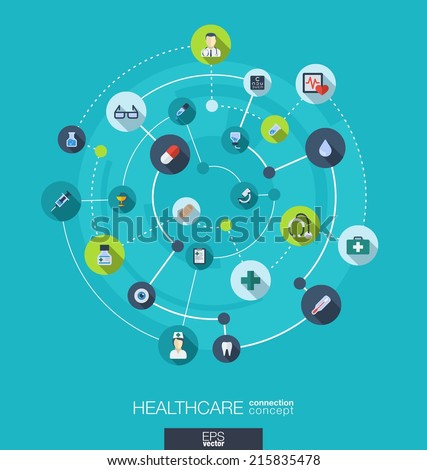 Healthcare connection concept. Abstract background with integrated circles and icons for medical, health, care, medicine, network and global concepts. Vector infographic illustration. Flat design