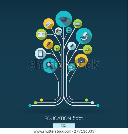 Abstract education background with lines, connected circles and integrated flat icons. Growth tree concept with school, science, geography, biology, microscope icon. Vector interactive illustration.