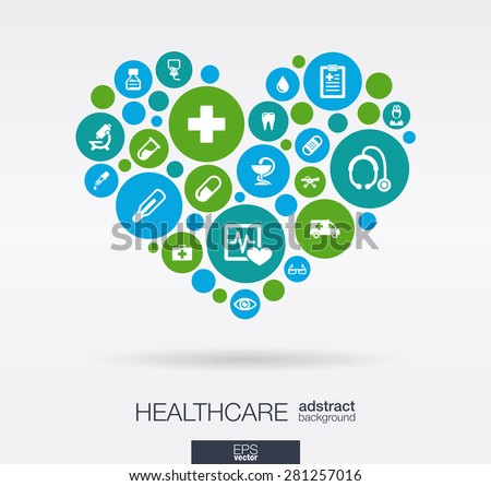Color circles with flat icons in a heart shape: medicine, medical, health, cross, healthcare concepts. Abstract background with connected objects in integrated group of elements. Vector illustration.