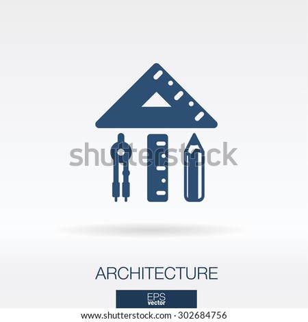 Architecture and construction concept icon. Home shape formed from ruler, triangle, compasses and pencil symbols. Vector illustration