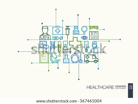 Healthcare integrated thin line symbols. Modern linear style vector concept, with connected flat design icons. Abstract illustration for medical, health, care, medicine, network and global concepts.