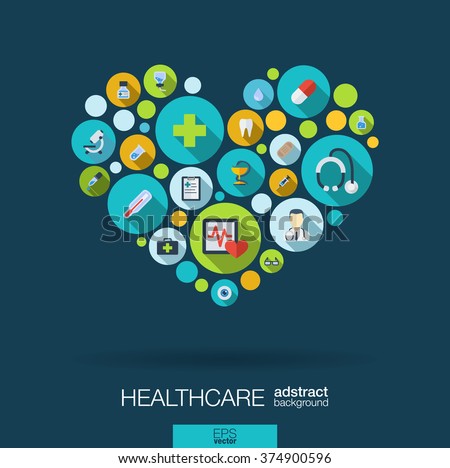 Color circles with flat icons in a heart shape: medicine, medical, health, cross, healthcare concepts. Abstract background with connected objects in integrated group of elements. Vector illustration.