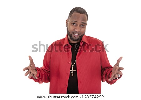African American man holding up hand in a questioning way on white background