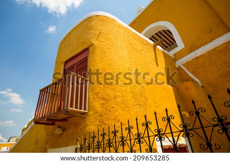bright color colonial Spanish building closeup details in the Mexican town of Izamal