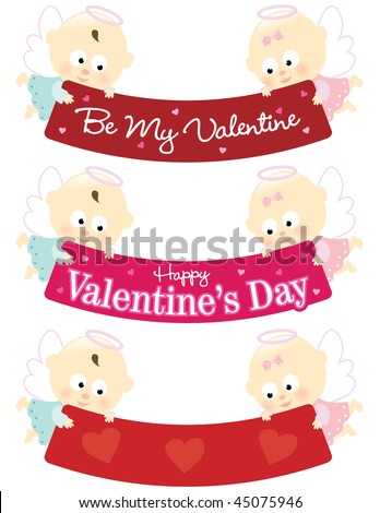 stock vector : Baby angels holding Valentines banner isolated collection