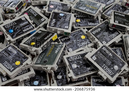 FALLS CHURCH, VA - JULY 17: A load of used non refillable OEM brand name ink cartridges going for plastic recycling lying on a heap on July 17, 2014 in Falls Church, VA.