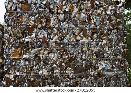A bale of tin cans for recycling