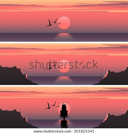 Set horizontal banners of sunset over the sea. Sunset over the sea. Ship at sunset. Ship at sunrise. Sea banners advertising.