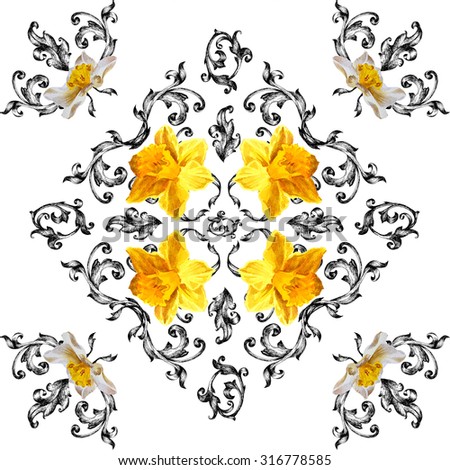 Baroque tile with daffodils.Watercolor painting, calligraphy.Seamless pattern on a white background.