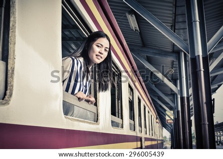 Beautiful Woman on the train.Traveling concept.Travel by Train.Young woman traveling by train