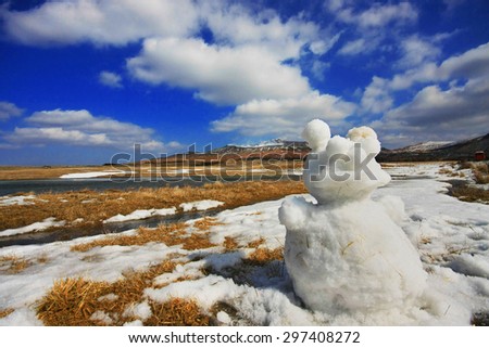 Happy snowman in snowy aso mountains, kumamoto, japan
