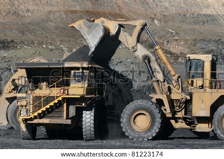 truck and excavator in work in mine