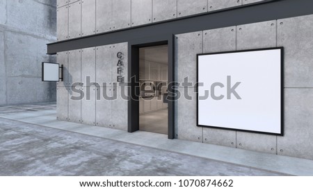 Front view Cafe shop & Restaurant design. Modern Minimal wall concrete black metal white frame mockup- 3D render