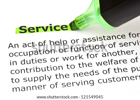 Definition of the word Service, highlighted in green with felt tip pen