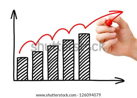 Male Hand Drawing Business Growth Graph With Marker On Transparent Wipe Board.