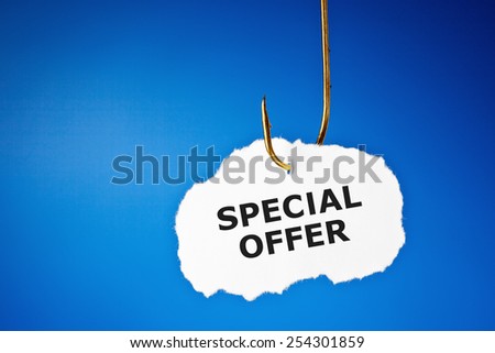 Special Offer hanging on a fishing hook over blue background.