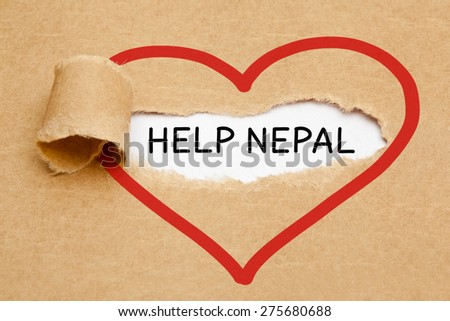 The text Help Nepal appearing behind torn brown paper.