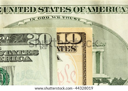 Twenty and ten dollars bills making year 2010 concept with \