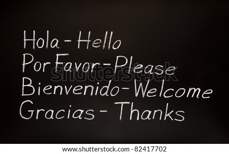 Blackboard with spanish words and their english translations.