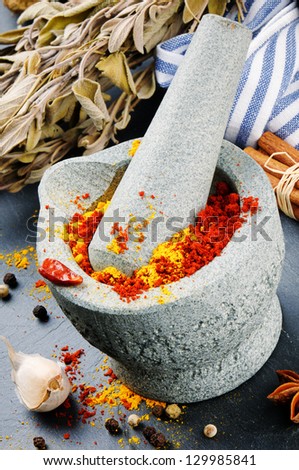 Mortar and pestle with mix of colorful spices