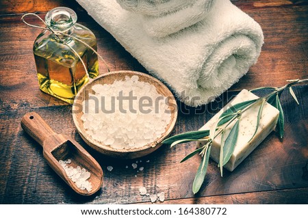 Spa setting with natural olive soap and sea salt Spa setting with natural olive soap and sea salt