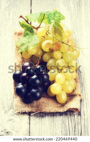 Bunch of white and red grapes in rustic setting. Wine making concept