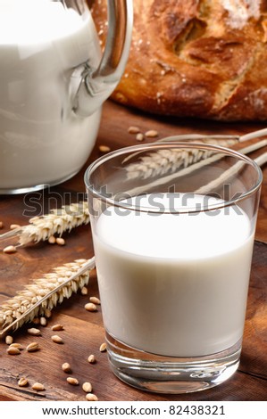 Breakfast with milk and bread in vintage setting