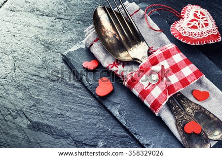 St Valentine\'s table setting with decorative hearts. Copy space