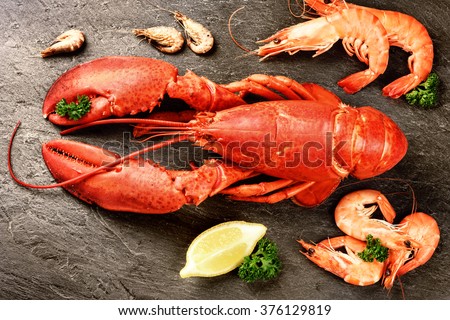 Fine selection of crustacean for dinner. Lobster and shrimps on dark stone plate. Food background