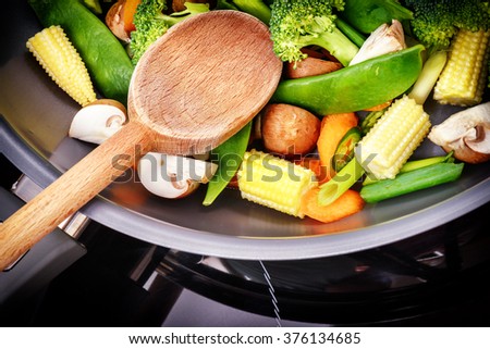 Healthy cooking concept with fresh vegetables in pan