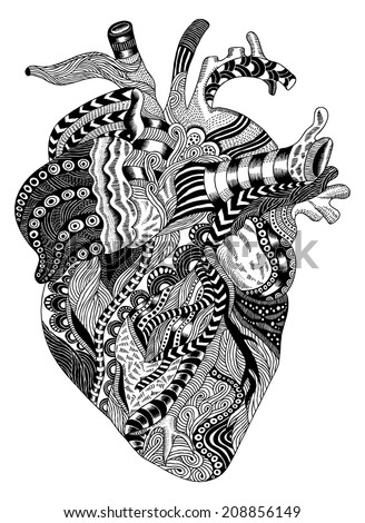 Detailed Hand-drawn Psychedelic Illustration Of Human Heart - 208856149 